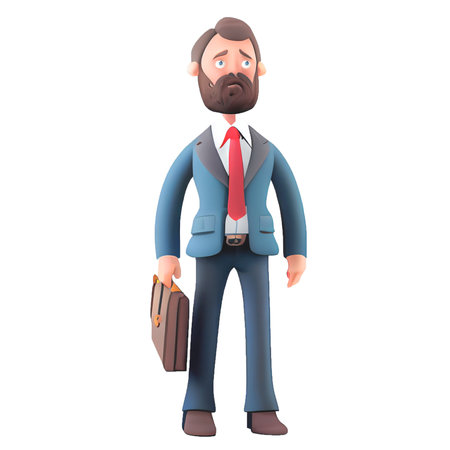 Young business man in suit standing with briefcase on a white background. Leader success, management concept. 3d illustration people character. Cartoon minimal style.の写真素材