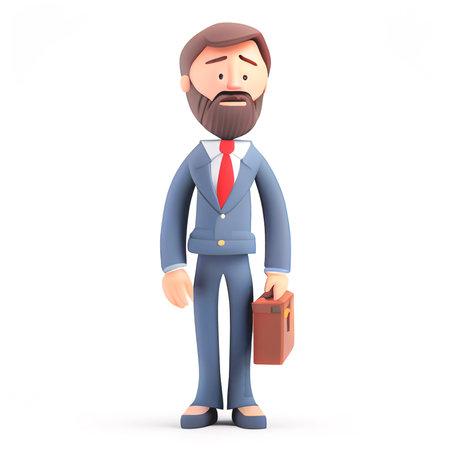 Young business man in suit standing with briefcase on a white background. Leader success, management concept. 3d illustration people character. Cartoon minimal style.の写真素材