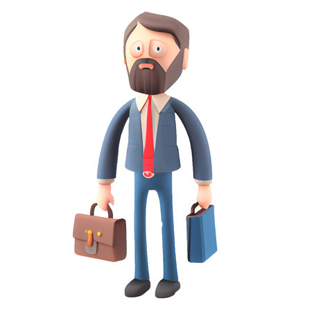 Young business man in suit standing with briefcase on a white background. Leader success, management concept. 3d illustration people character. Cartoon minimal style.の写真素材