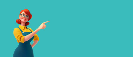 Smiling funny casual redhead girl in glasses wearing blue apron, yellow t-shirt showing you way, pointing her finger to empty copy space for advertising.  Cartoon 3D illustration character.の写真素材