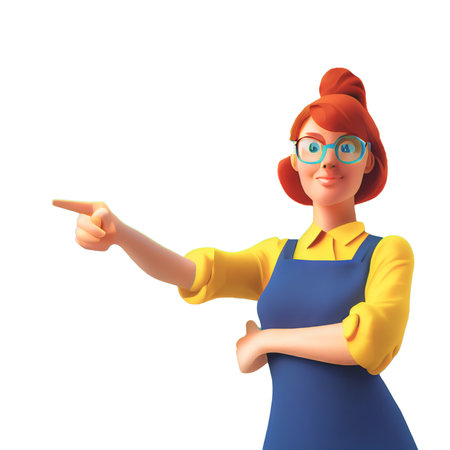 Smiling funny casual redhead girl in glasses wearing blue apron, yellow t-shirt showing you way, pointing her finger to empty copy space for advertising.  Cartoon 3D illustration character.の写真素材