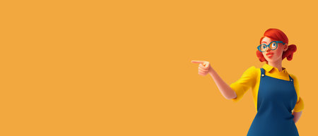 Smiling funny casual redhead girl in glasses wearing blue apron, yellow t-shirt showing you way, pointing her finger to empty copy space for advertising.  Cartoon 3D illustration character.の写真素材