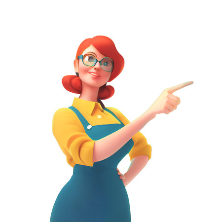 Smiling funny casual redhead girl in glasses wearing blue apron, yellow t-shirt showing you way, pointing her finger to empty copy space for advertising.  Cartoon 3D illustration character.の写真素材