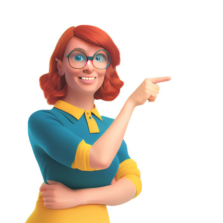 Smiling funny casual redhead girl in glasses wearing blue apron, yellow t-shirt showing you way, pointing her finger to empty copy space for advertising.  Cartoon 3D illustration character.の写真素材