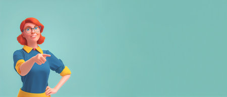Smiling funny casual redhead girl in glasses wearing blue apron, yellow t-shirt showing you way, pointing her finger to empty copy space for advertising.  Cartoon 3D illustration character.の写真素材