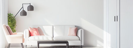 Simple living room interior with copy space on white wall. Wide angle format banner.の写真素材