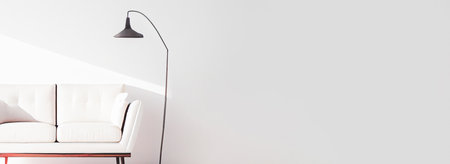 Simple living room interior with copy space on white wall. Wide angle format banner.の写真素材