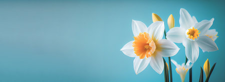 Spring easter background with top view of daffodils bouquet on light blue background with copy...