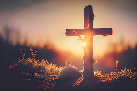 Good Friday banner and Poster with silhouetted dark image of the Crucifixion of Jesus Christ and the two thieves on Golgotha or Calvary. Generative AIの素材