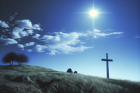 Good Friday banner and Poster with silhouetted dark image of the Crucifixion of Jesus Christ and the two thieves on Golgotha or Calvary. Generative AIの素材