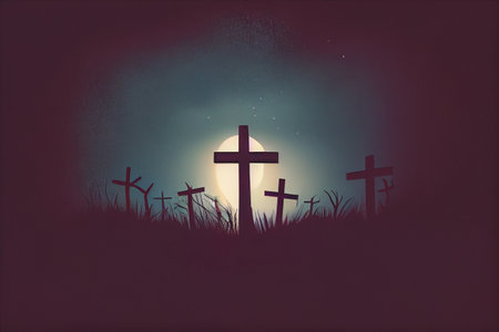 Good Friday banner and Poster with silhouetted dark image of the Crucifixion of Jesus Christ and the two thieves on Golgotha or Calvary. Generative AIの素材