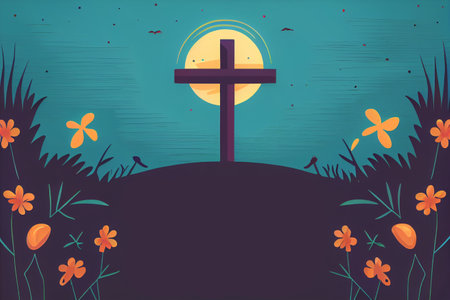 Good Friday banner and Poster with silhouetted dark image of the Crucifixion of Jesus Christ and the two thieves on Golgotha or Calvary. Generative AIの素材