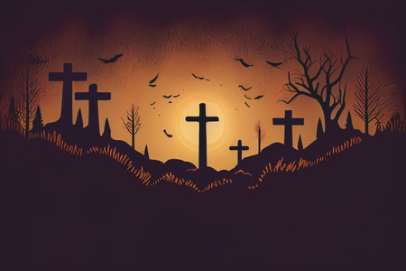 Good Friday banner and Poster with silhouetted dark image of the Crucifixion of Jesus Christ and the two thieves on Golgotha or Calvary. Generative AIの素材