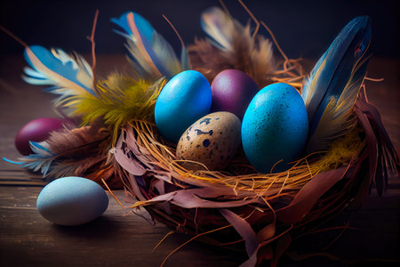 Easter eggs banner background. Feathers in a nest on a blue wooden background with a copy of the place for the text.の素材