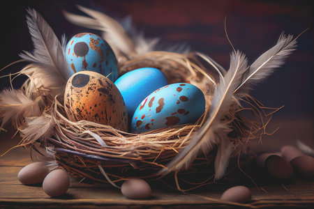 Easter eggs banner background. Feathers in a nest on a blue wooden background with a copy of the place for the text.の素材