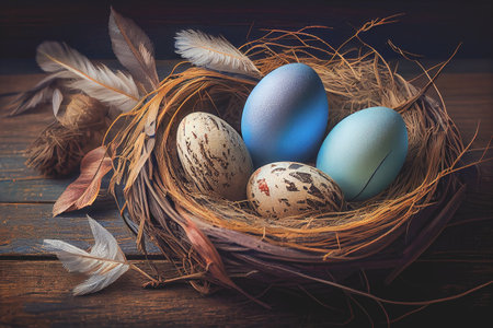 Easter eggs banner background. Feathers in a nest on a blue wooden background with a copy of the place for the text.の素材