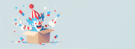 Jack in the Box with confetti, jester hat. April fool day concept with box surprise. Banner 3D illustration with a copy of the place for the text.の写真素材