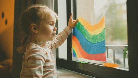 A child draws a rainbow on the window at home. Artists paint creativity vacations for children. Art day concept.の素材