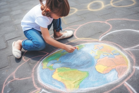 Child draws a planet globe with a map of the world in color with colored chalk on the pavement. Concept for Earth Day, peace day, art day.の素材