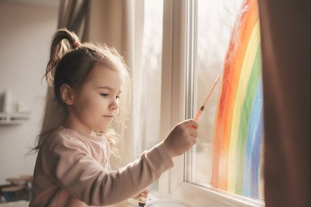 A child draws a rainbow on the window at home. Artists paint creativity vacations for children. Art day concept.の素材