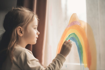A child draws a rainbow on the window at home. Artists paint creativity vacations for children. Art day concept.の素材