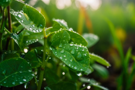 Beautiful plants with dew drops in nature on rainy morning in garden, selective focus. Image in green tones. Spring summer natural background.の写真素材