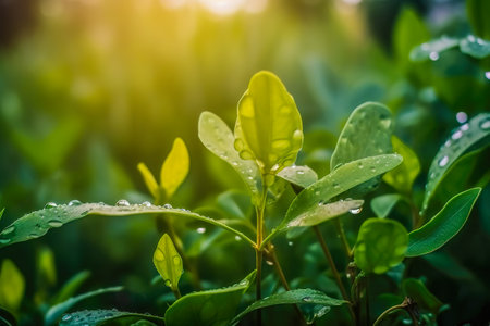 Beautiful plants with dew drops in nature on rainy morning in garden, selective focus. Image in green tones. Spring summer natural background.の写真素材