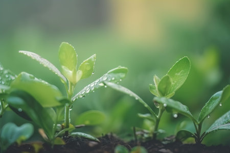 Beautiful plants with dew drops in nature on rainy morning in garden, selective focus. Image in green tones. Spring summer natural background.の写真素材