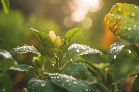 Beautiful plants with dew drops in nature on rainy morning in garden, selective focus. Image in green tones. Spring summer natural background.の写真素材
