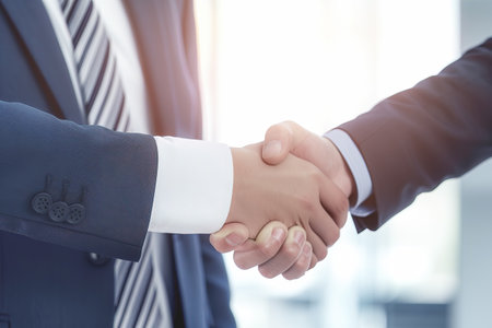 Businessman shaking hands after signing off on a meeting with partners, setting goals, and planning the way to success. Collaborative teamwork.の写真素材
