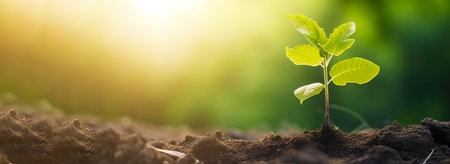 Young green plant growing at sunlight in the garden. World Earth Day banner. Save world concept.の写真素材