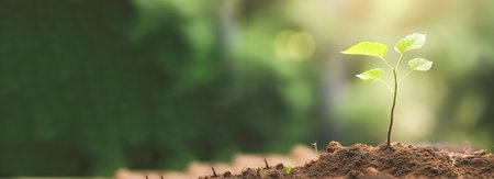 Young green plant growing at sunlight in the garden. World Earth Day banner. Save world concept.の写真素材