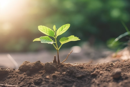 Young green plant growing at sunlight in the garden. World Earth Day banner. Save world concept.の写真素材