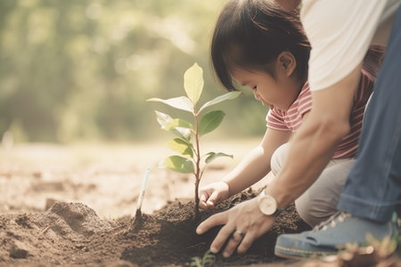 Little child girl helping her father to plant the young tree in the garden as save world concept. World Earth Day banner. Generative AI.の素材