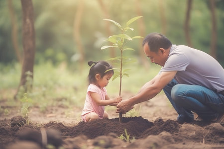 Little child girl helping her father to plant the young tree in the garden as save world concept. World Earth Day banner. Generative AI.の素材