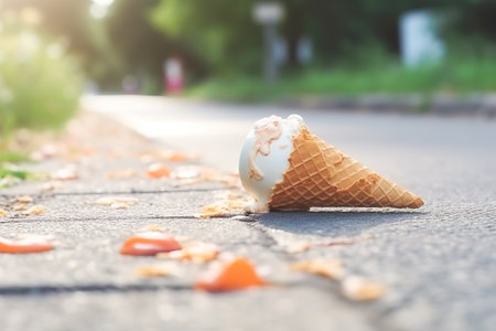 Melting ice cream cone drop upside down on the street in summer day. Selective focus, Soft focus.の写真素材