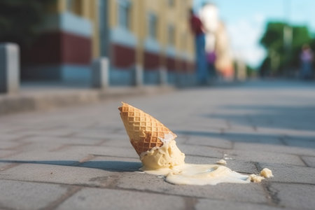 Melting ice cream cone drop upside down on the street in summer day. Selective focus, Soft focus.の写真素材