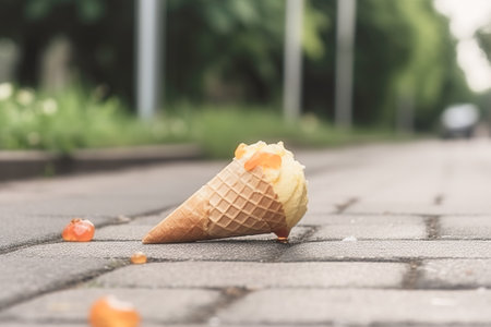 Melting ice cream cone drop upside down on the street in summer day. Selective focus, Soft focus.の写真素材