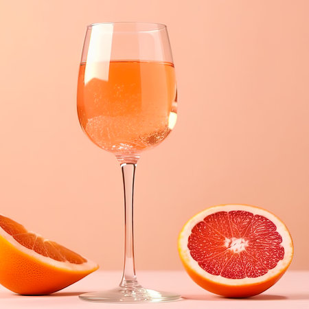 Glass with sparkling rose wine and grapefruit on pastel background with copy space. Wide angle format banner.の写真素材