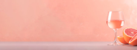 Glass with sparkling rose wine and grapefruit on pastel background with copy space. Wide angle format banner.の写真素材