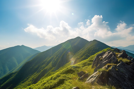 Beautiful sunrise over the green mountains in morning light with fluffy clouds on a bright blue sky. Nature freshness concept.の写真素材
