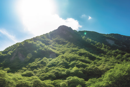 Beautiful sunrise over the green mountains in morning light with fluffy clouds on a bright blue sky. Nature freshness concept.の写真素材