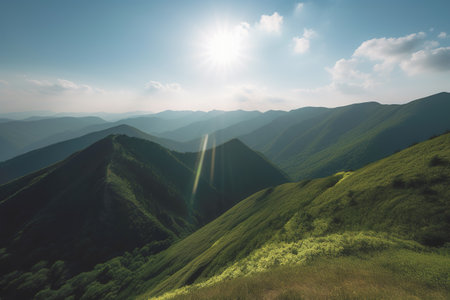 Beautiful sunrise over the green mountains in morning light with fluffy clouds on a bright blue sky. Nature freshness concept.の写真素材