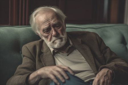 Portrait of an old man sitting on a sofa at home.の素材