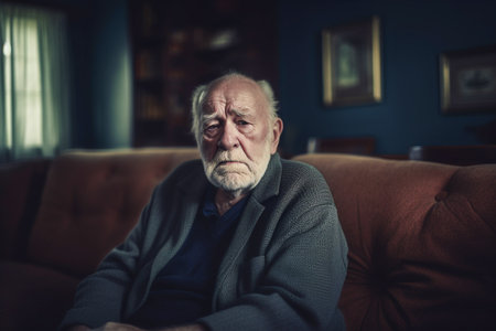Portrait of a sad senior man sitting on a sofa at homeの素材