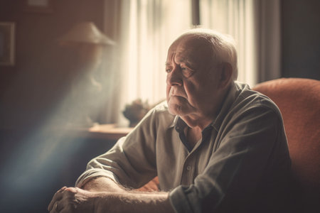 Elderly man sitting on a sofa at home and looking sadの素材