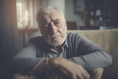 Portrait of thoughtful senior man sitting on sofa in living room at homeの素材