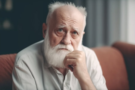 Portrait of senior man with white beard looking at camera while sitting on sofa at homeの素材