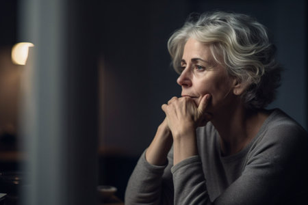 Sad senior woman sitting in front of a mirror in the evening at homeの素材