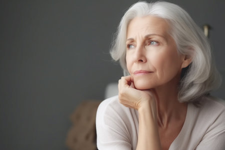 Portrait of thoughtful senior woman looking up at copy space on wallの素材